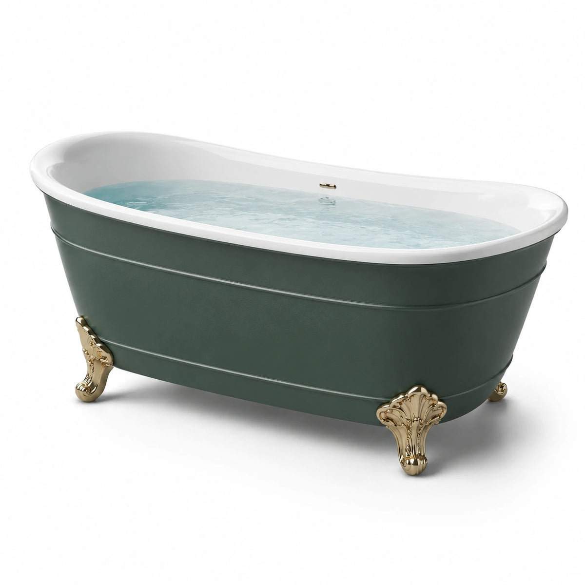 Baignoire îlot ovale en acrylique vert foncé et blanc avec pieds dorés, 170 x 75 x 75 cm