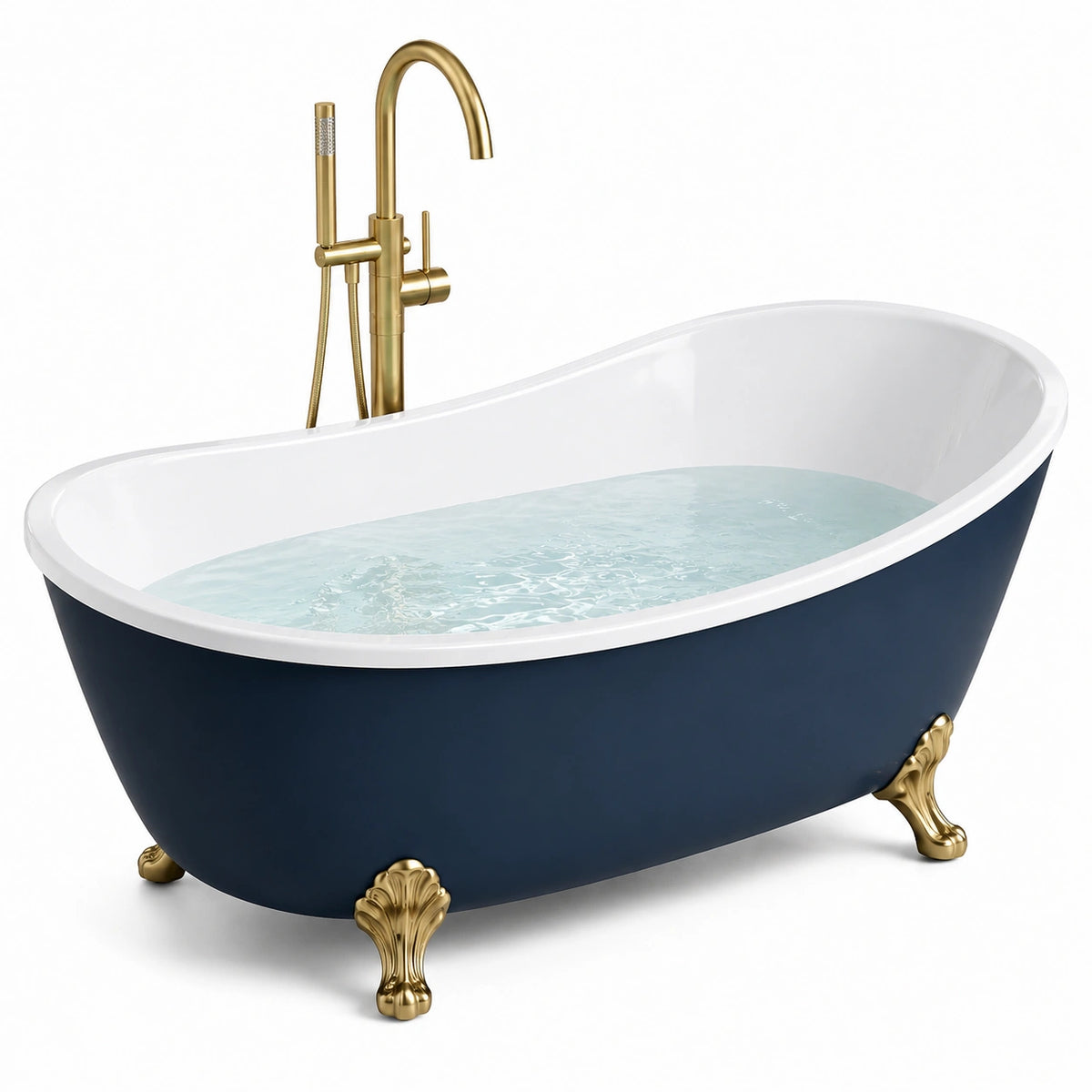 Baignoire îlot ovale en acrylique bleu marine et blanc avec pieds et robinetterie dorés, 170 x 80 x 72 cm