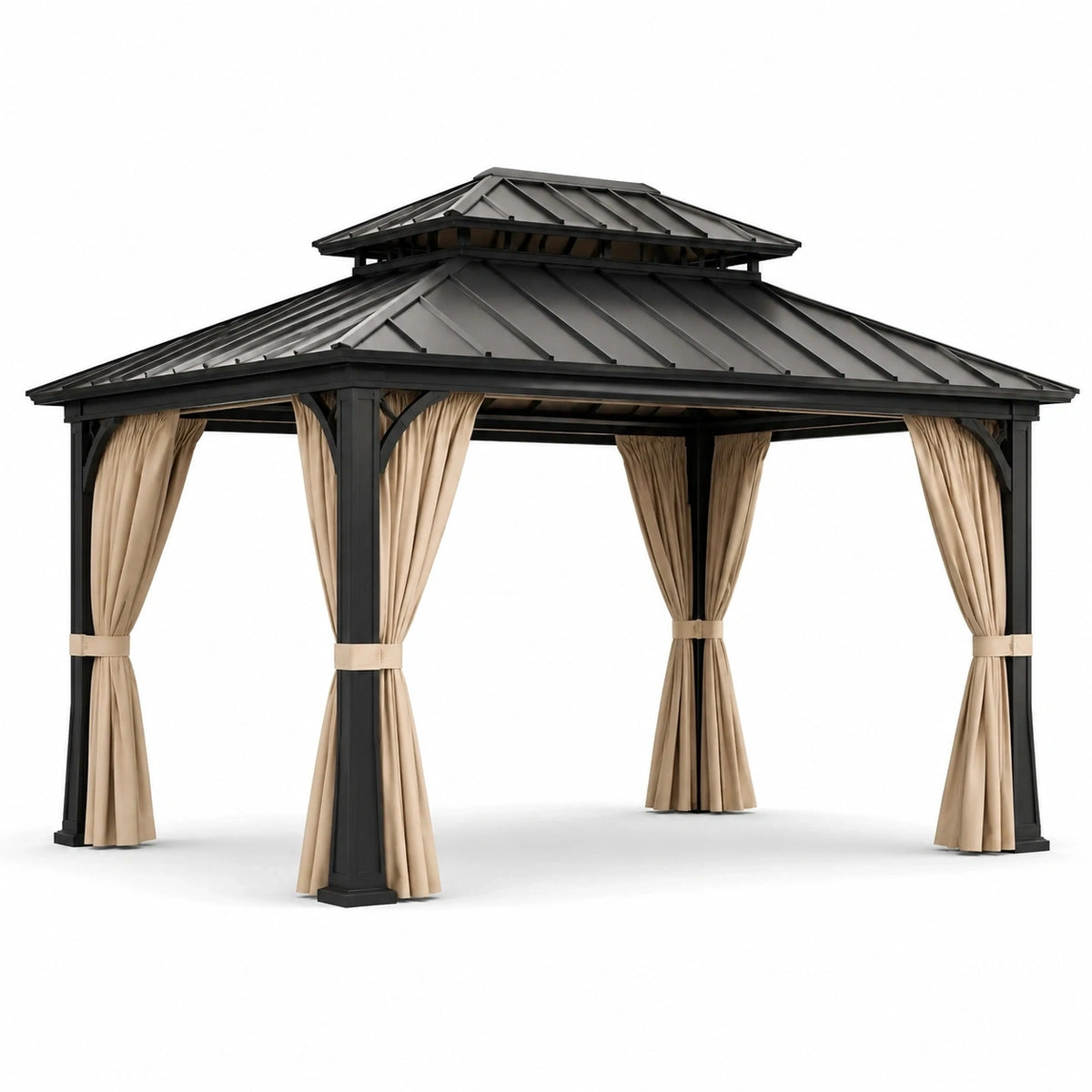 Pavillon de jardin en métal anthracite avec rideaux beiges et toit rigide à double ventilation, 400 x 300 x 290 cm