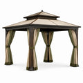 Pavillon de jardin en métal brun avec toit ventilé beige et rideaux beige et olive, 360 x 300 x 290 cm