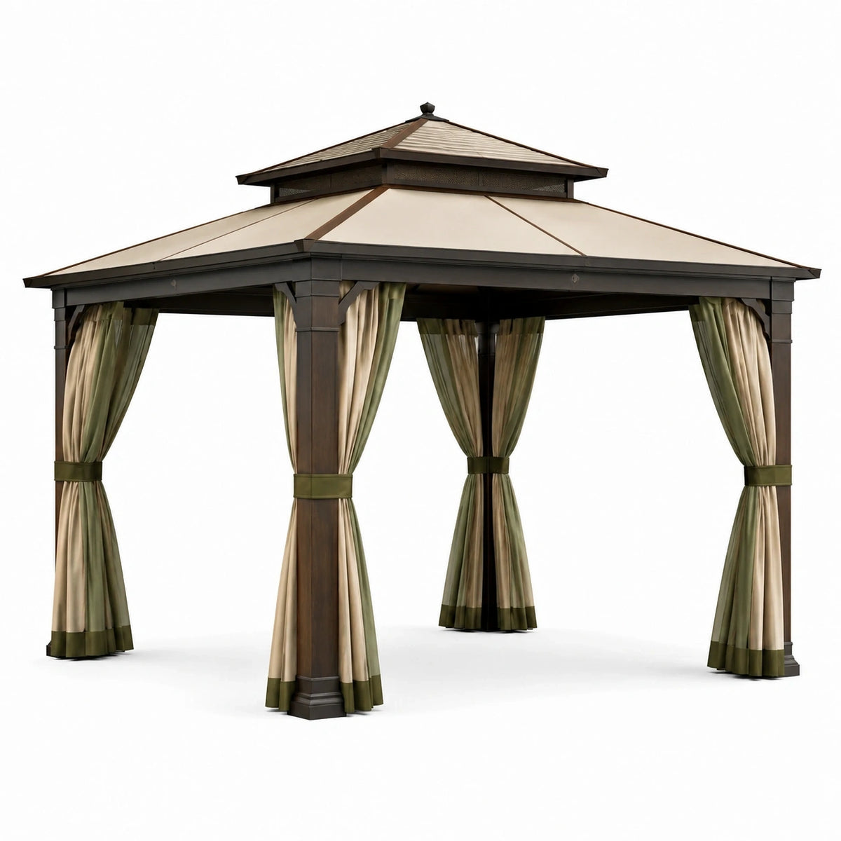 Pavillon de jardin en métal brun avec toit ventilé beige et rideaux beige et olive, 360 x 300 x 290 cm
