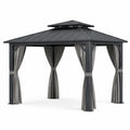 Tonnelle de jardin en métal anthracite avec rideaux gris et toit rigide à double niveau, 400 x 300 x 270 cm