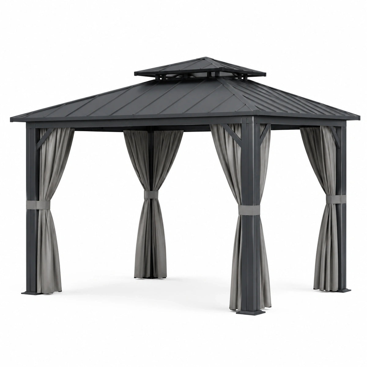 Tonnelle de jardin en métal anthracite avec rideaux gris et toit rigide à double niveau, 400 x 300 x 270 cm