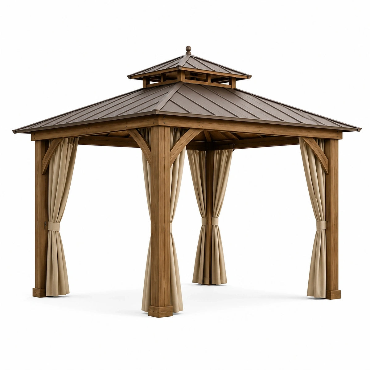 Pavillon de jardin en bois marron 400 x 300 x 310 cm avec toit métallique taupe et rideaux beiges