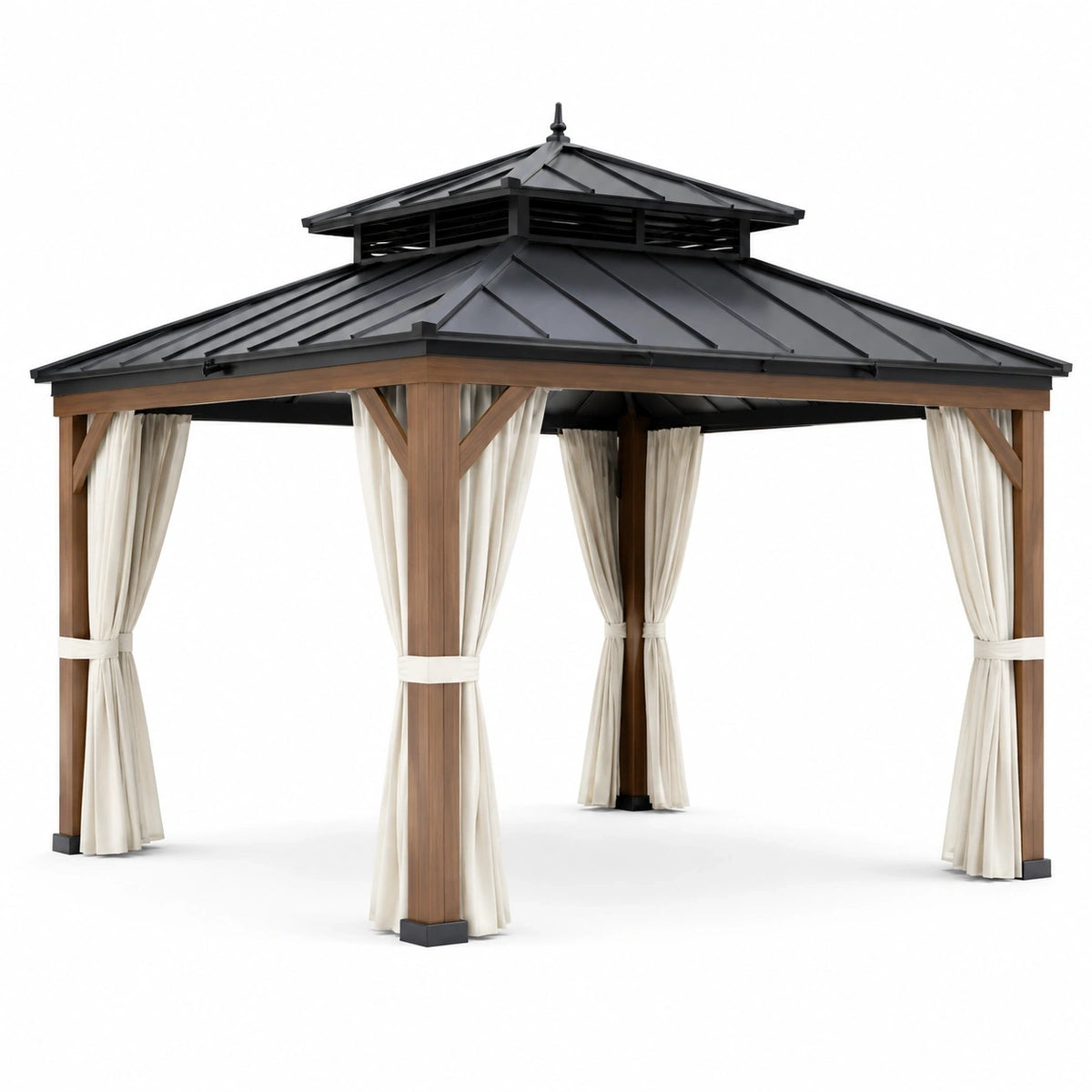 Tonnelle de jardin 360 x 300 x 290 cm, brune avec toit rigide anthracite à double niveau et rideaux crème