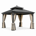 Tonnelle de jardin 3 x 4 m en métal anthracite avec toit rigide à double niveau, rideaux beiges et moustiquaires noires