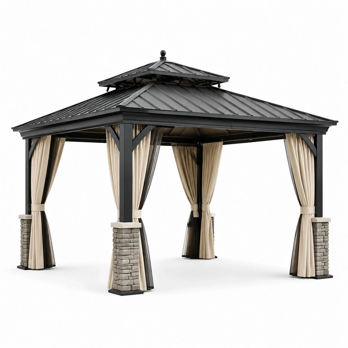 Tonnelle de jardin 3 x 4 m en métal anthracite avec toit rigide à double niveau, rideaux beiges et moustiquaires noires