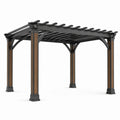 Pergola de jardin contemporaine en métal noir et brun, toit ajouré, 427 x 305 x 244 cm