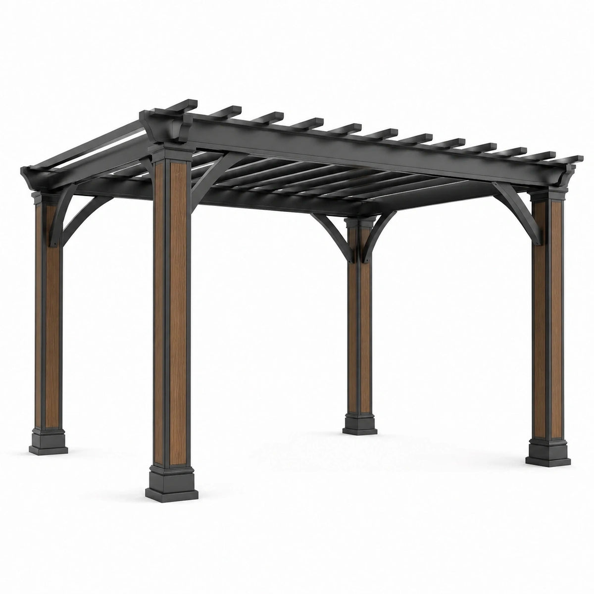 Pergola de jardin contemporaine en métal noir et brun, toit ajouré, 427 x 305 x 244 cm