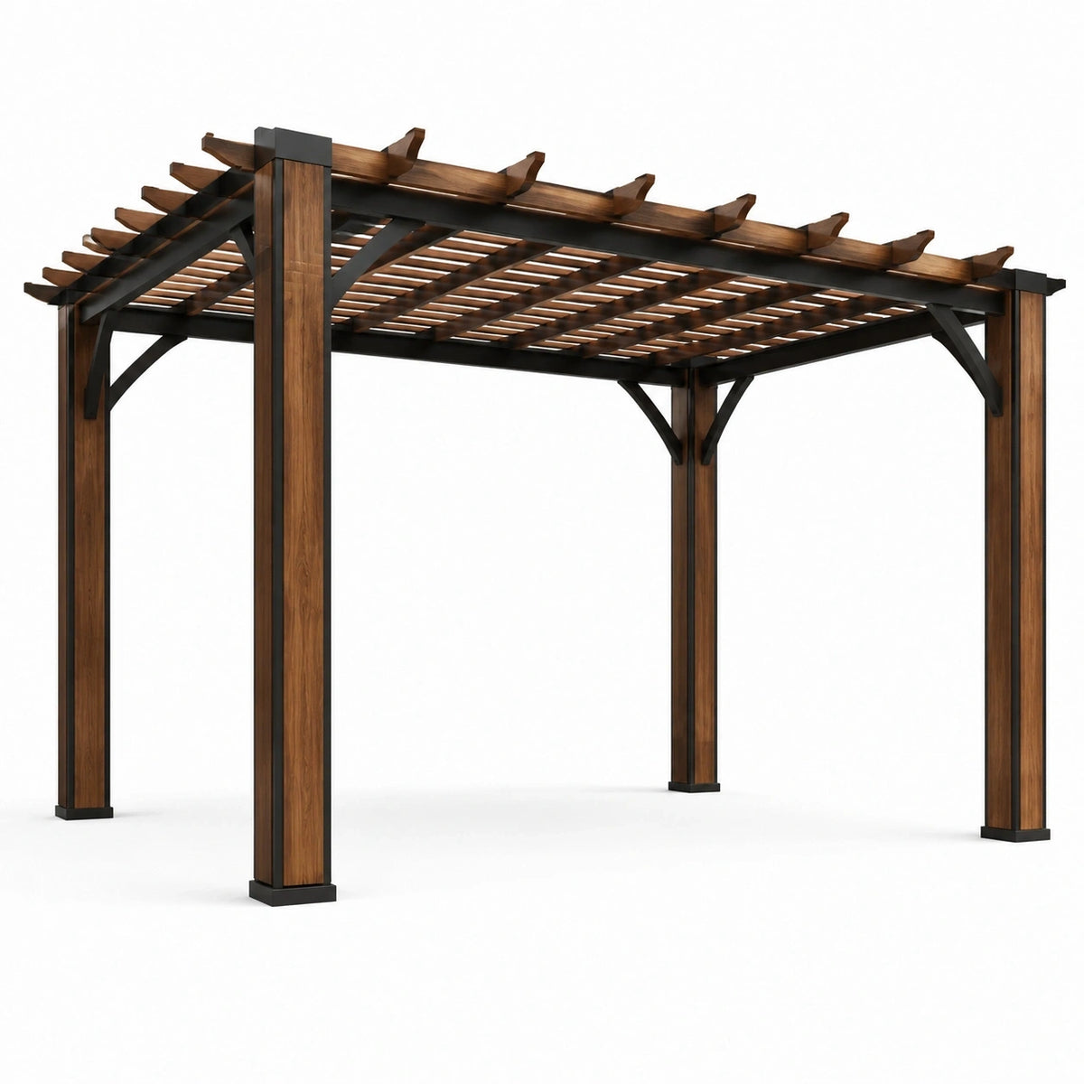 Pergola de jardin autoportante en bois et métal marron et noir avec toit ajouré – 300 x 300 x 250 cm