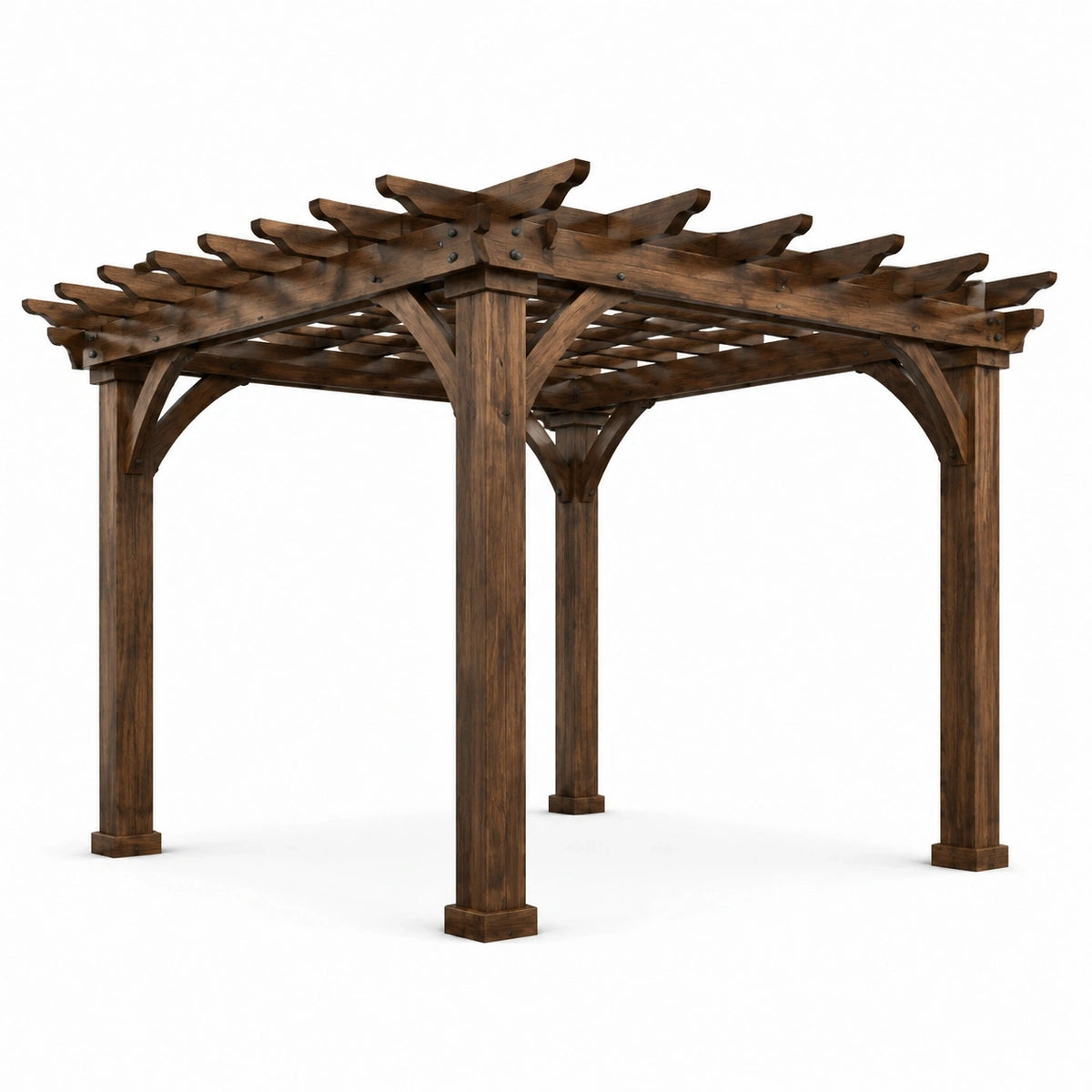 Pergola de jardin autoportante en bois brun foncé avec toit ajouré, 305 x 305 x 244 cm