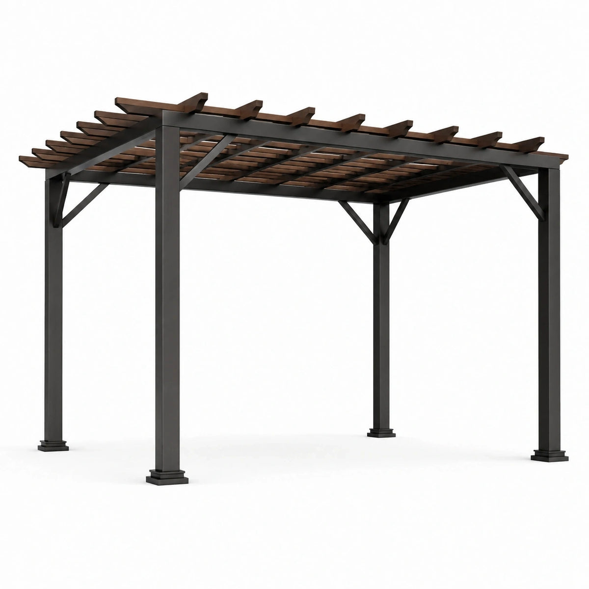 Pergola de jardin contemporaine en métal noir et bois marron, 400 x 300 x 250 cm