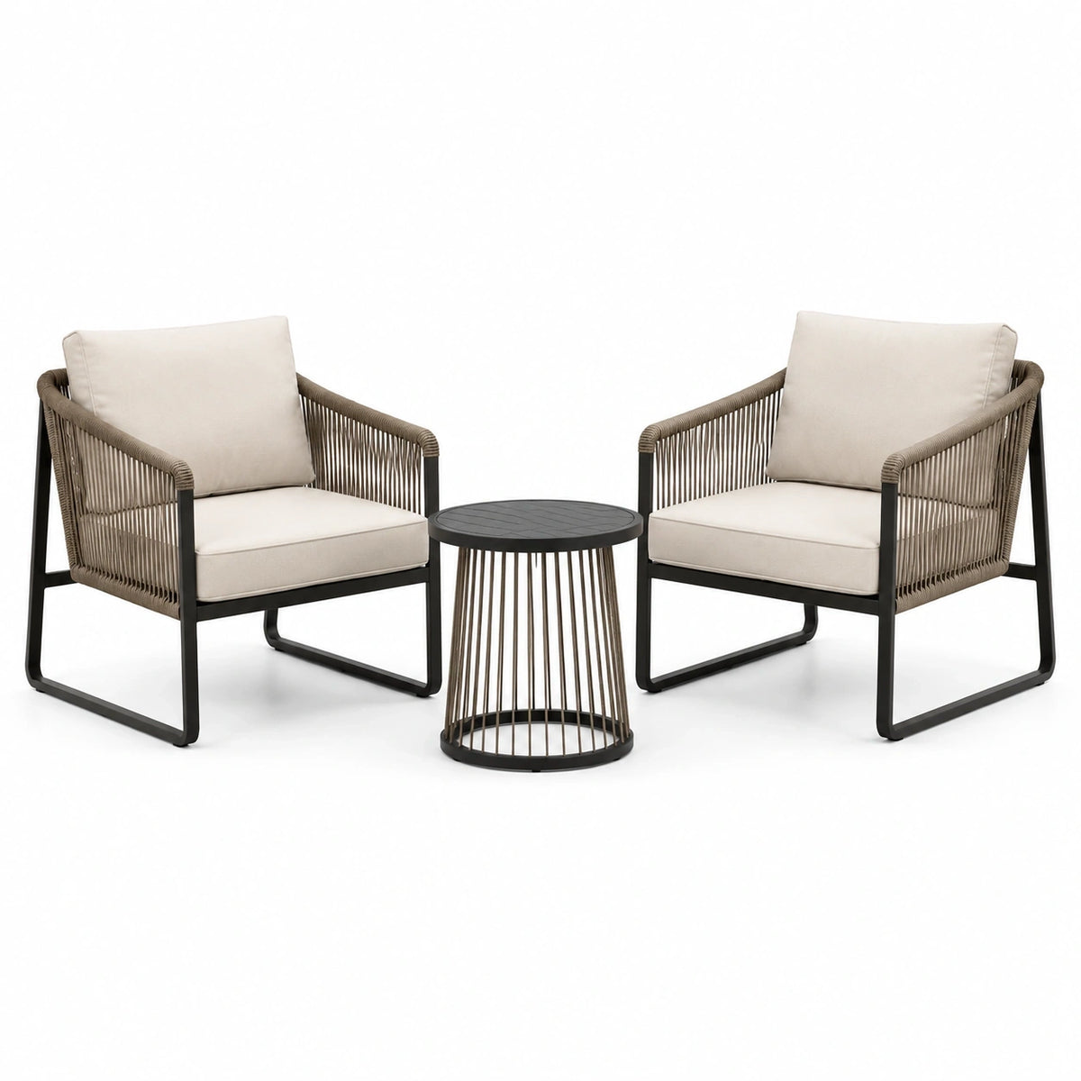 Salon de jardin 3 pièces beige, taupe et noir avec 2 fauteuils 68 x 74 x 78 cm et table ronde Ø 45 x 46 cm