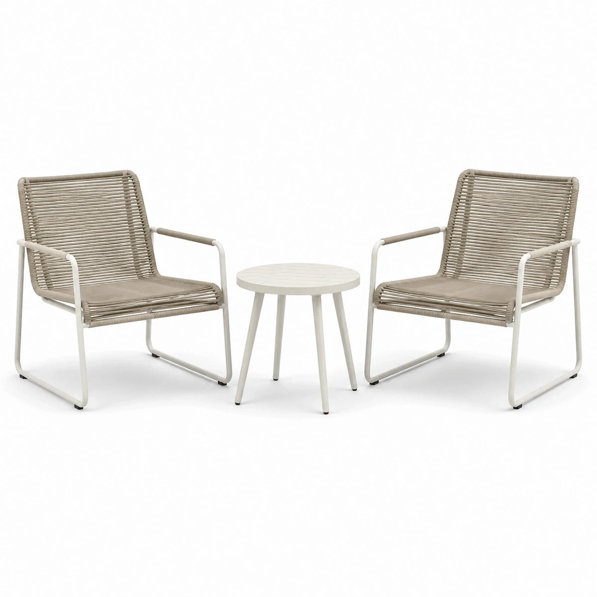 Ensemble 3 pièces avec 2 fauteuils 67 x 73 x 84 cm et table Ø 50 x 50 cm, métal et corde synthétique, beige et blanc cassé
