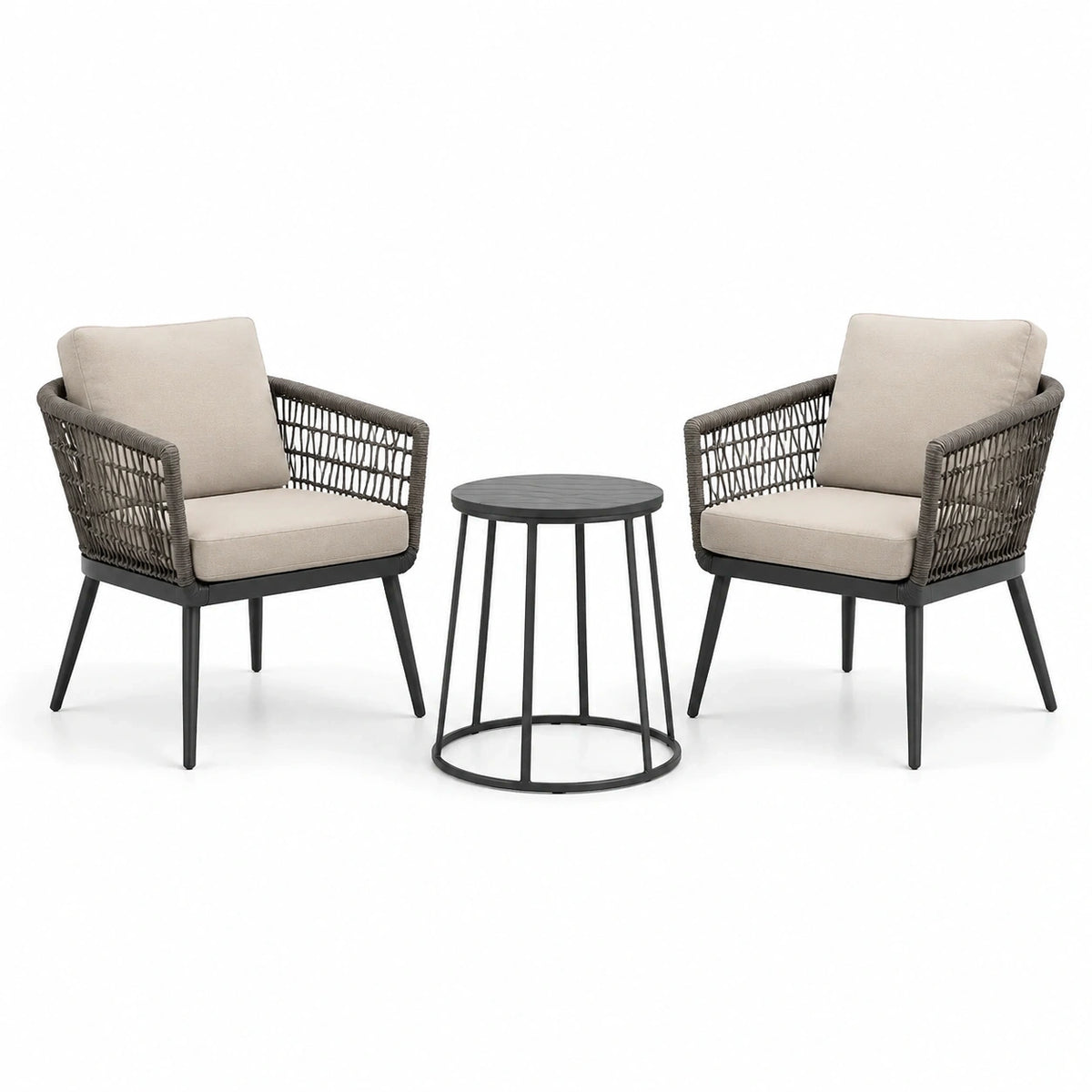 Ensemble de jardin 3 pièces avec 2 fauteuils tressés 65 x 70 x 80 cm et table ronde Ø 50 x 55 cm, gris, beige et noir
