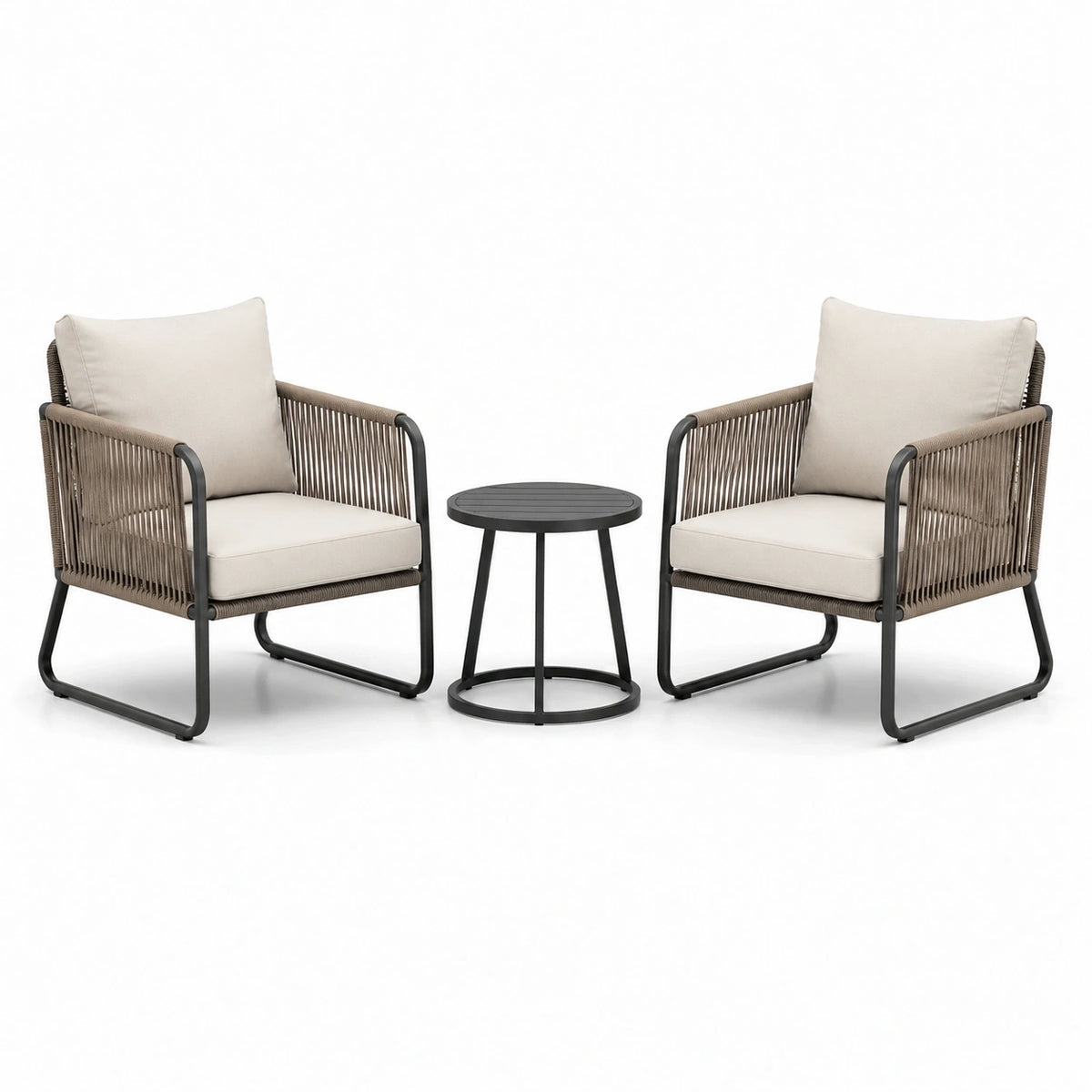 Ensemble 3 pièces avec 2 fauteuils de 73 x 72 x 80 cm et table ronde Ø 50 x 45 cm, beige, taupe et noir