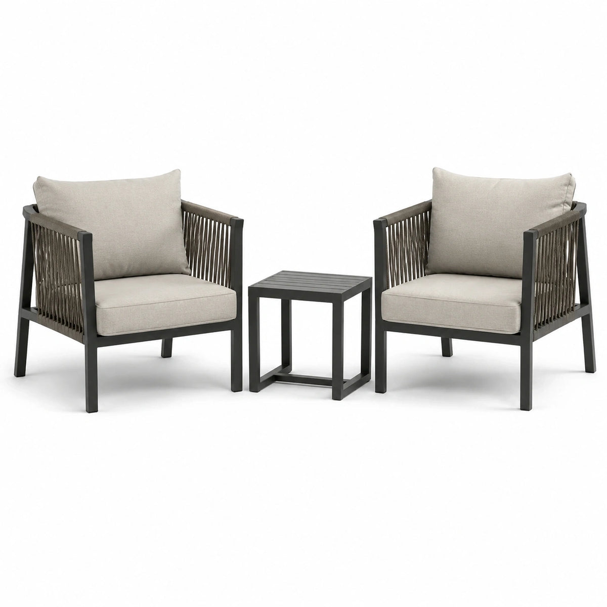 Ensemble de jardin 3 pièces gris clair, anthracite et taupe avec 2 fauteuils 68 x 73 x 78 cm et table 45 x 45 x 45 cm