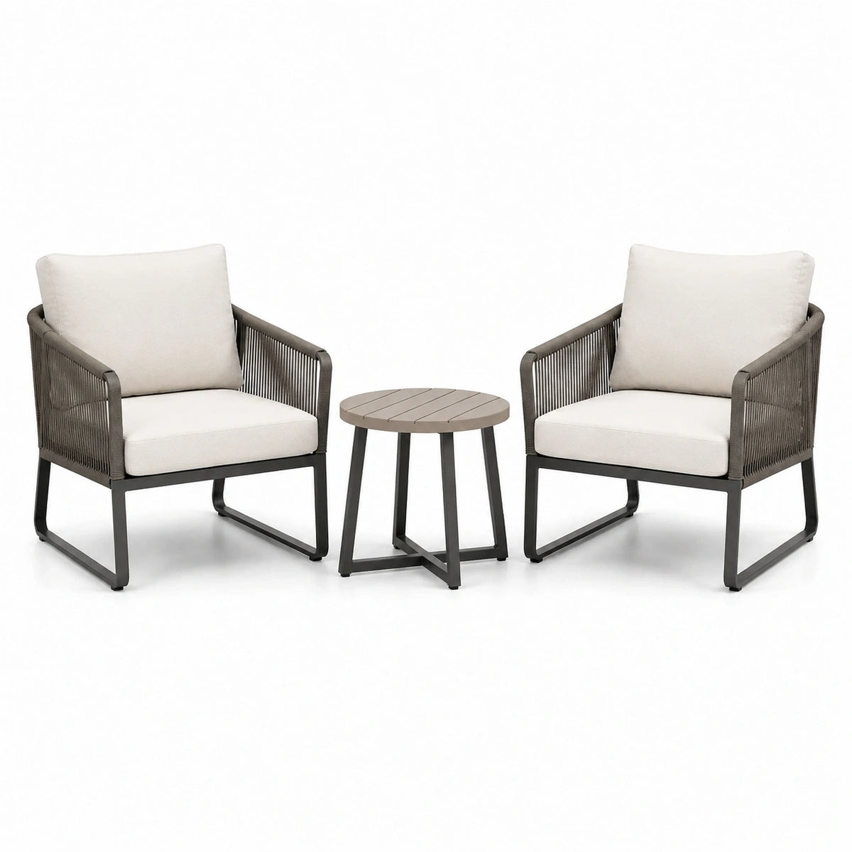 Ensemble 3 pièces avec 2 fauteuils de 70 x 74 x 82 cm et table ronde Ø 50 x 48 cm, gris et écru