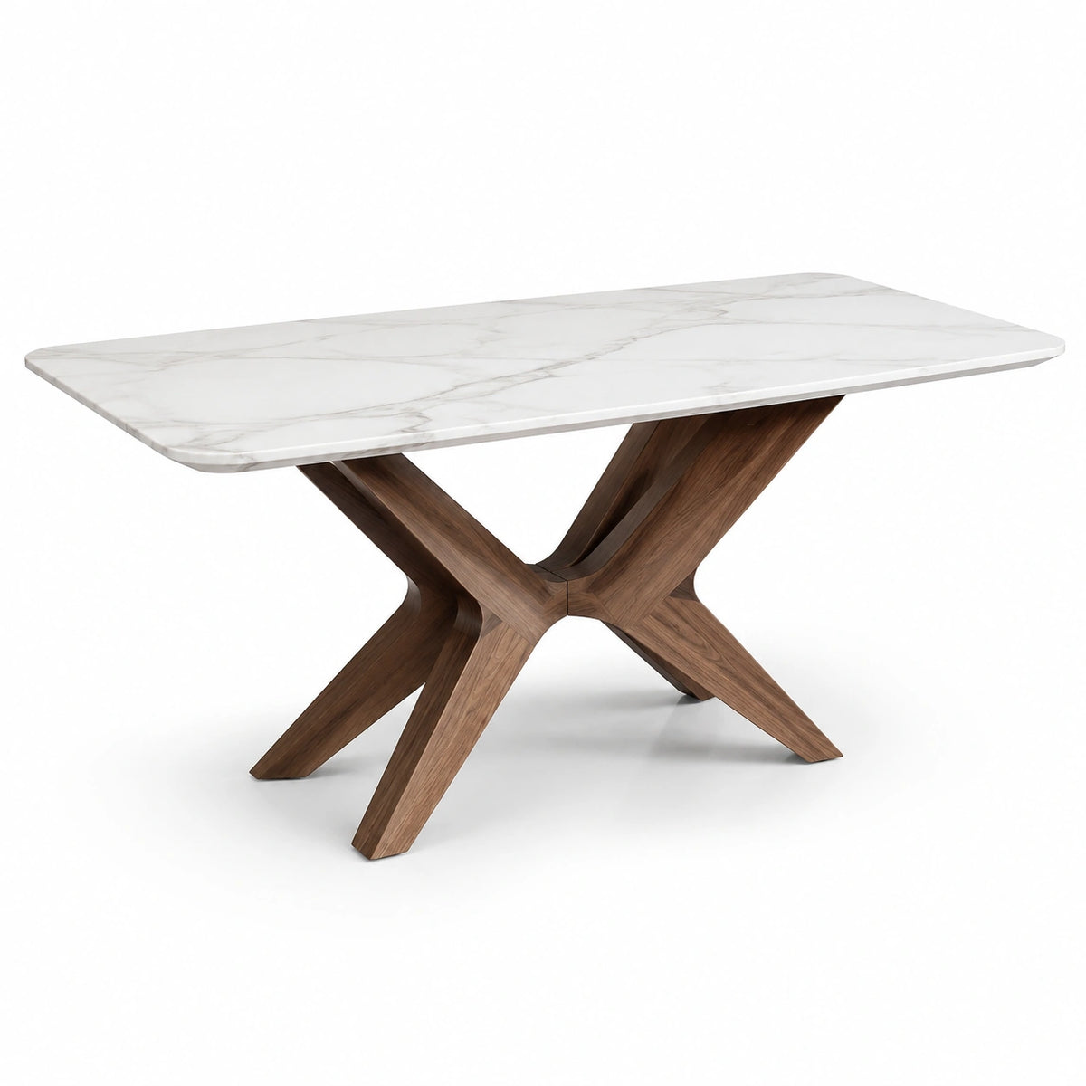Table à manger contemporaine 180 x 90 x 76 cm, plateau en céramique effet marbre blanc et piètement en bois marron