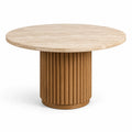 Table à manger ronde en travertin beige et bois brun avec pied central cannelé, Ø 120 x H 76 cm