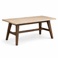 Table à manger rectangulaire avec plateau en pierre beige et piètement en bois brun, 160 x 80 x 76 cm