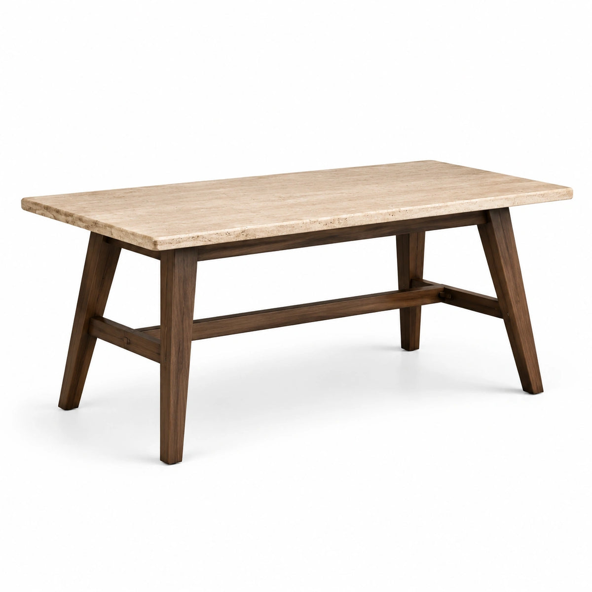 Table à manger rectangulaire avec plateau en pierre beige et piètement en bois brun, 160 x 80 x 76 cm