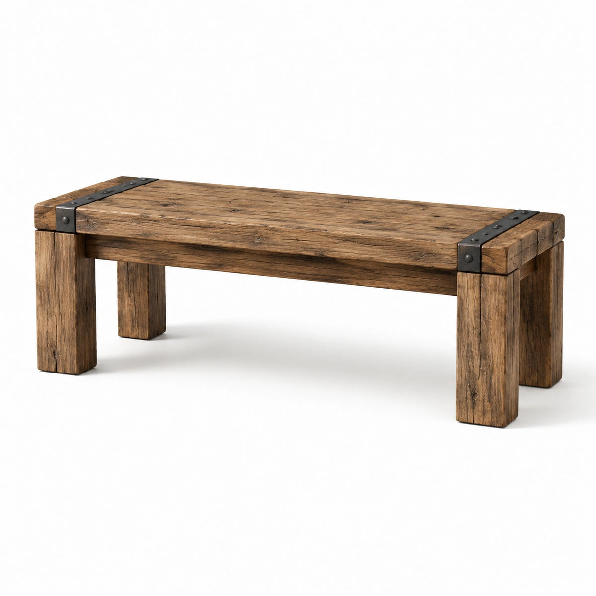 Banc en bois massif marron avec renforts en métal noir, 120 x 35 x 45 cm