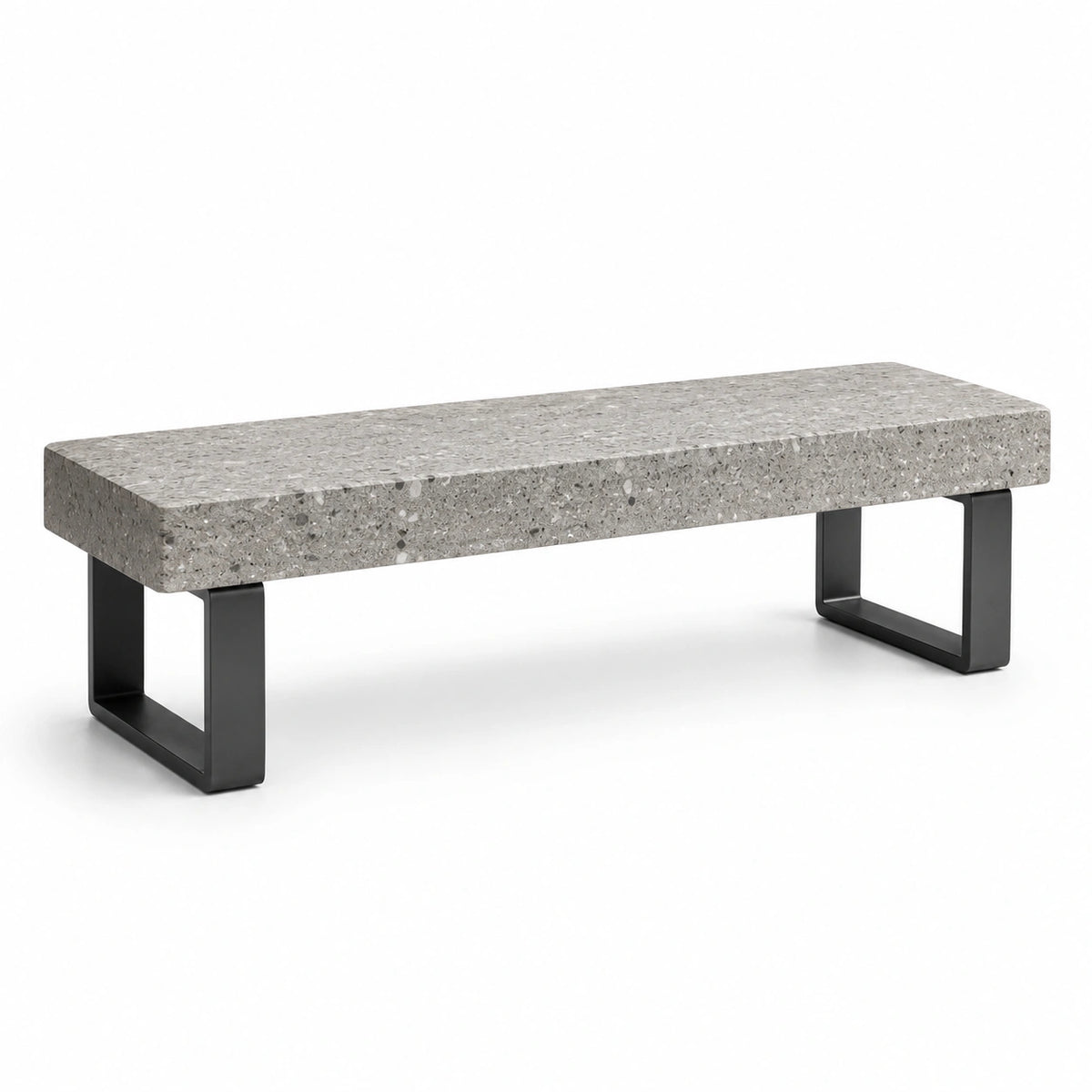 Banc 120 x 35 x 45 cm, plateau effet terrazzo gris et pieds en métal noir