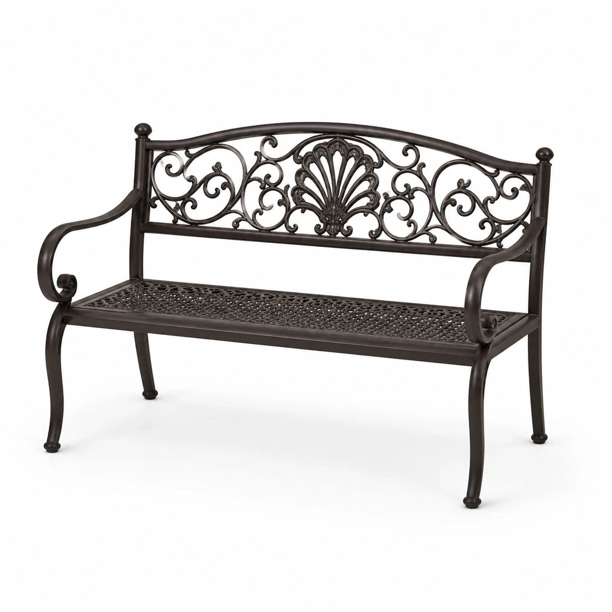 Banc de jardin en métal brun foncé, 2 places, 127 x 59 x 85 cm, dossier ornemental