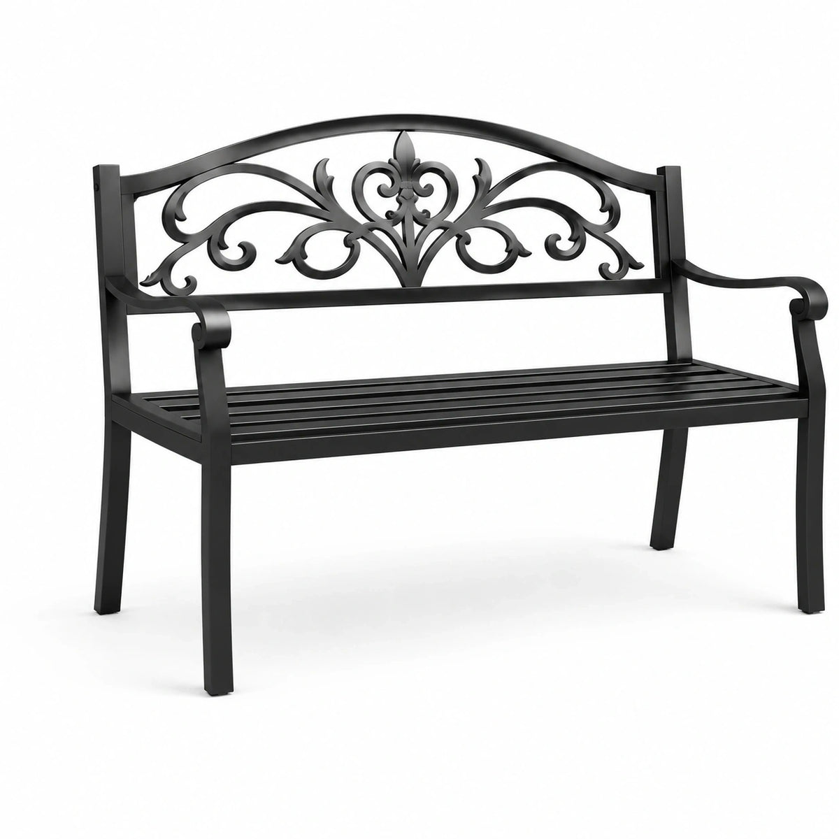 Banc de jardin en métal noir avec dossier ajouré, 127 x 60 x 87 cm