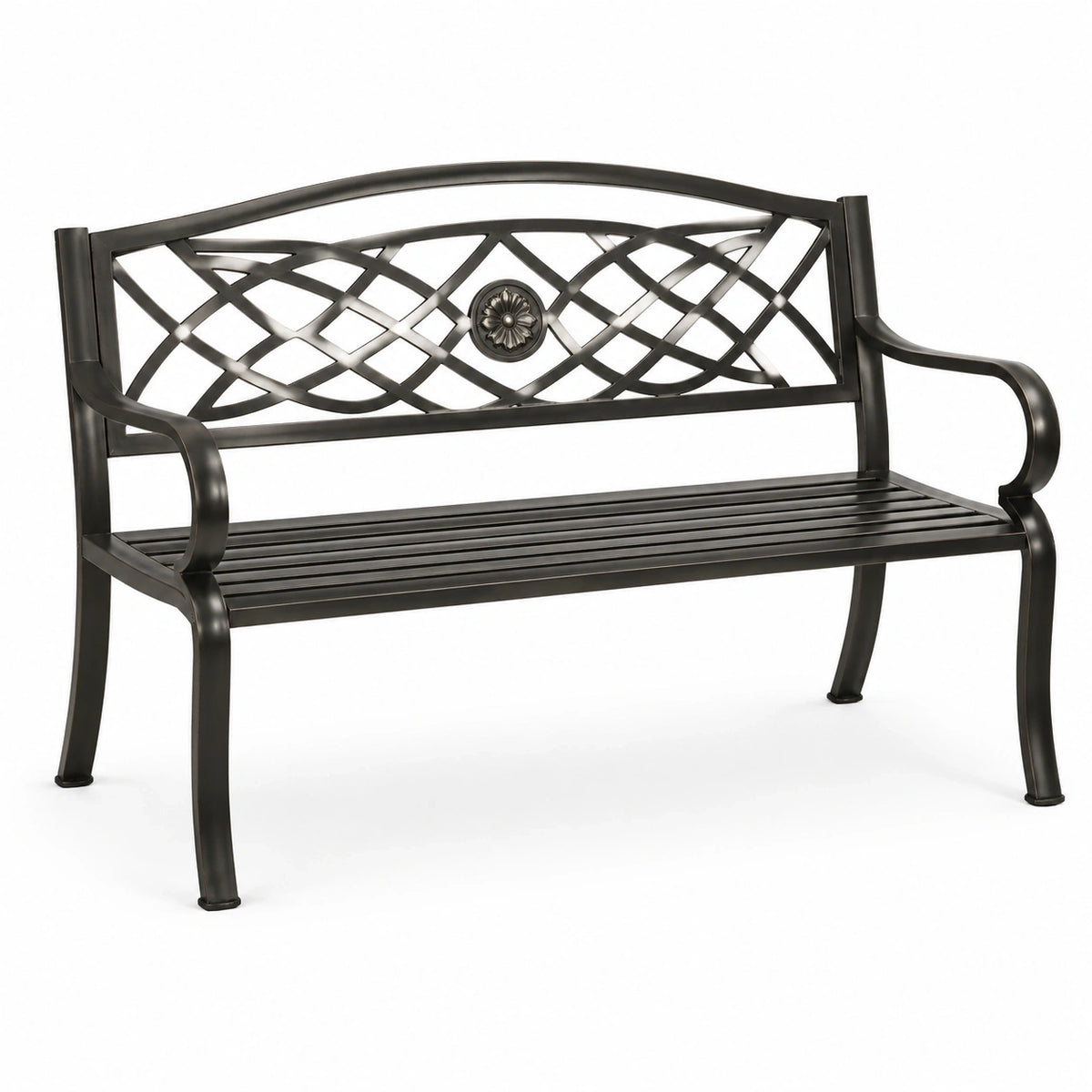 Banc de jardin 2 places en métal noir avec dossier ajouré, 127 x 60 x 88 cm