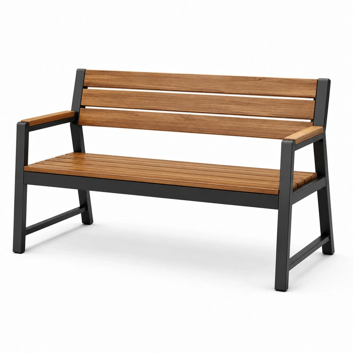 Banc de jardin 2 places en bois marron et métal noir avec accoudoirs, 120 x 60 x 85 cm