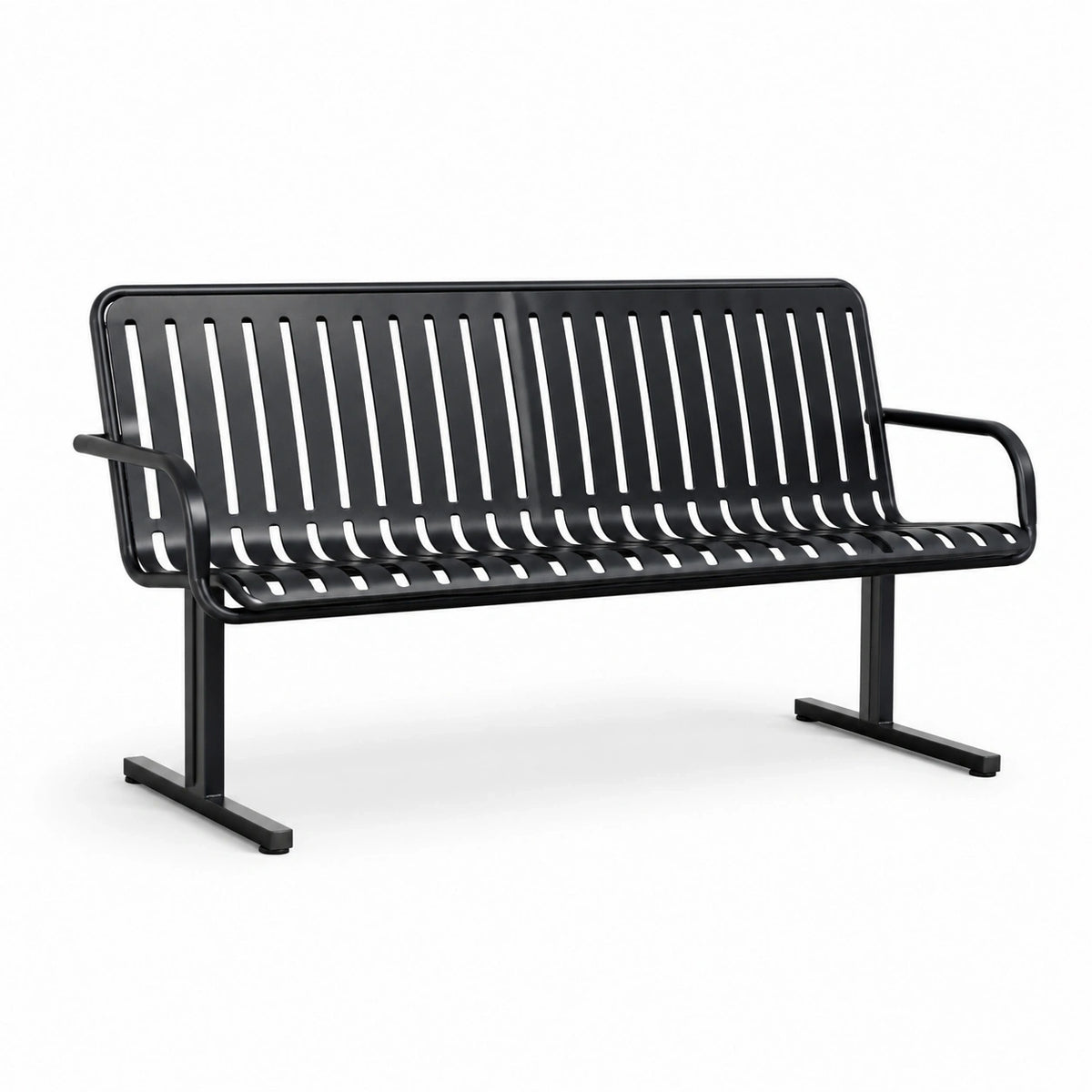 Banc extérieur en acier noir à lattes avec accoudoirs, 150 x 60 x 85 cm