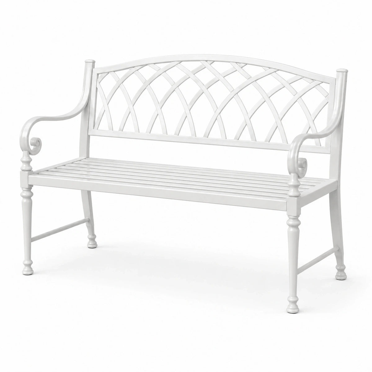 Banc de jardin 2 places en métal blanc, 127 x 60 x 87 cm, dossier ajouré classique