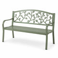 Banc de jardin 2 places en métal vert sauge avec dossier feuillage et accoudoirs, 127 x 60 x 87 cm