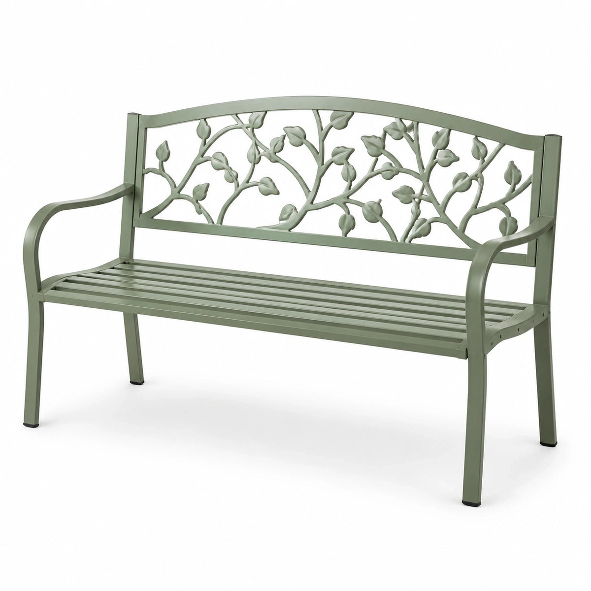 Banc de jardin 2 places en métal vert sauge avec dossier feuillage et accoudoirs, 127 x 60 x 87 cm