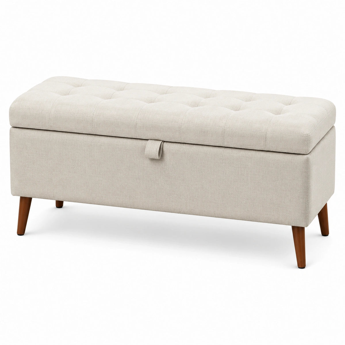 Banc coffre de rangement capitonné en tissu beige avec pieds en bois marron, 110 x 40 x 45 cm