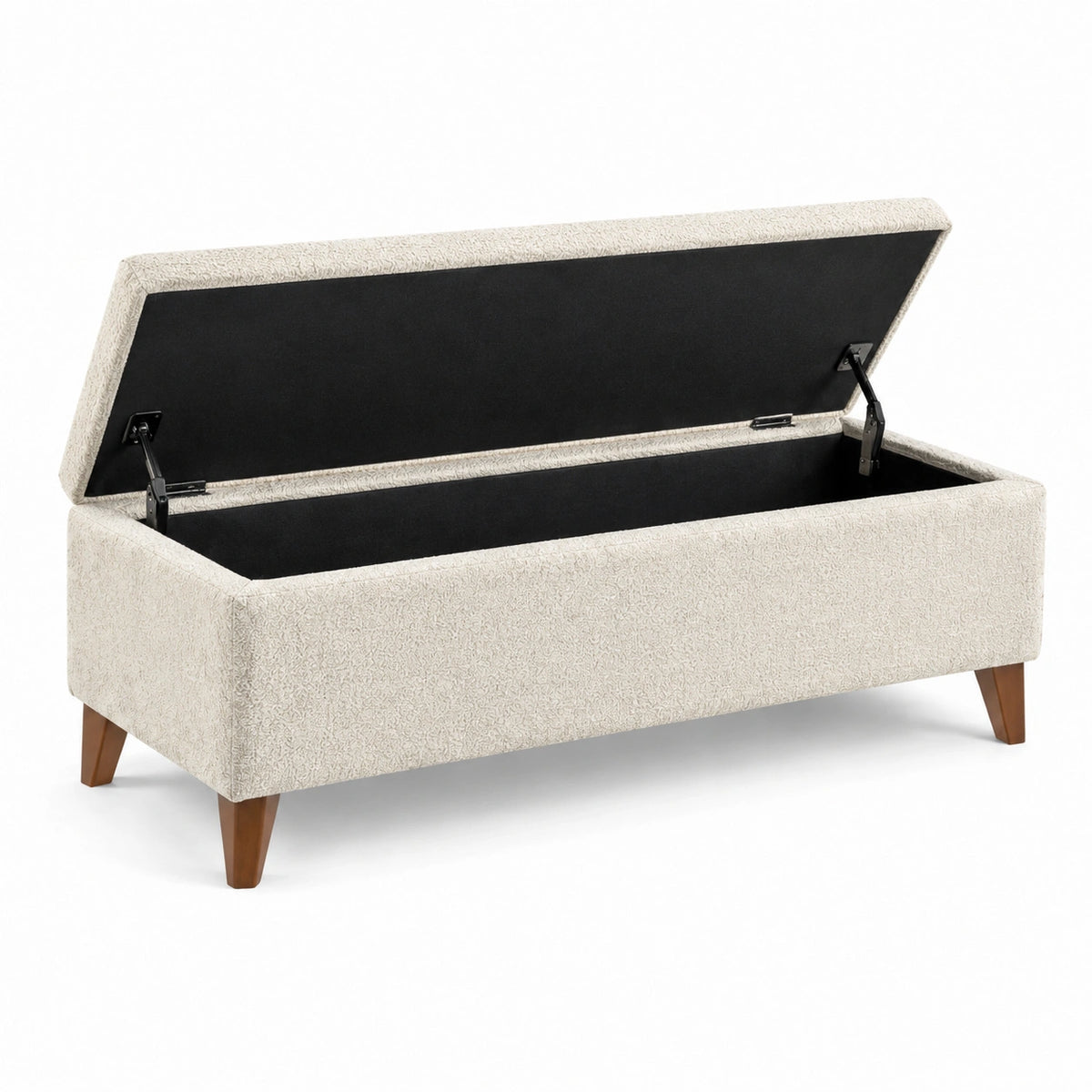 Banc coffre de rangement beige en tissu texturé avec assise rembourrée, 120 x 45 x 45 cm