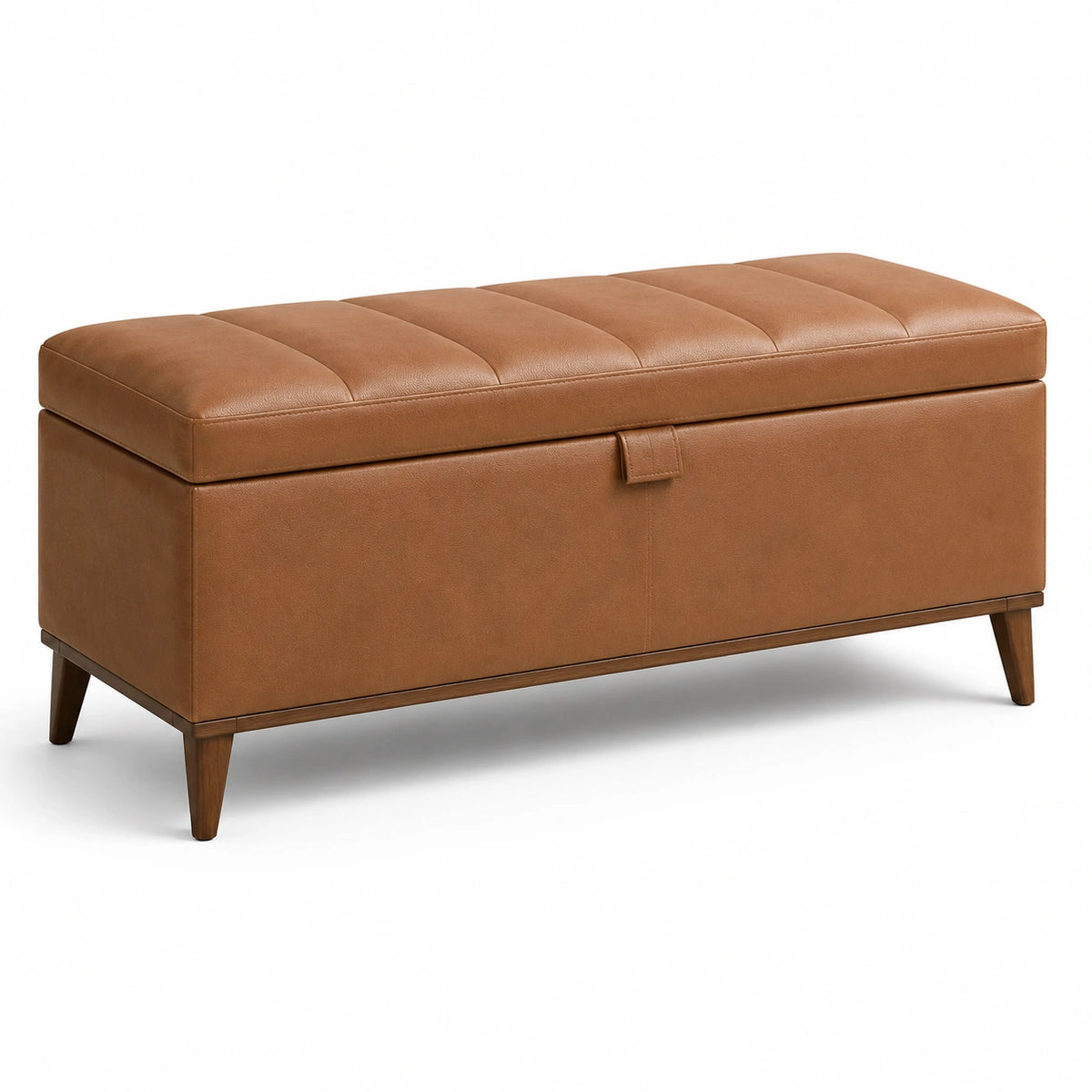 Banc coffre de rangement avec assise rembourrée, aspect cuir cognac et pieds en bois marron foncé, 110 x 40 x 48 cm