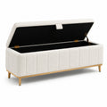 Banc coffre de rangement en tissu bouclé crème avec pieds dorés, 120 x 40 x 45 cm