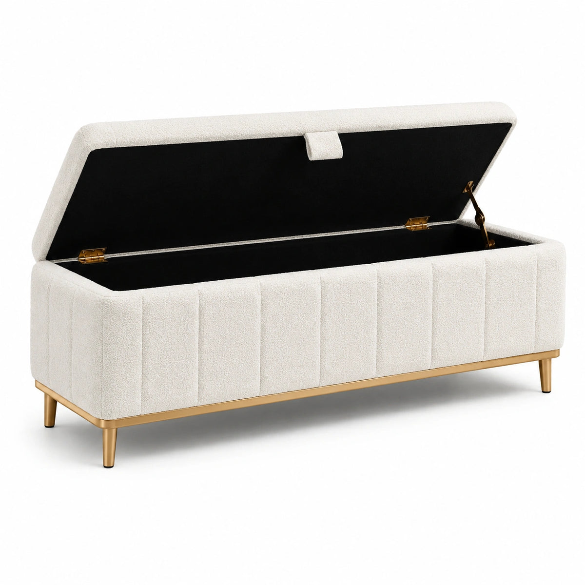 Banc coffre de rangement en tissu bouclé crème avec pieds dorés, 120 x 40 x 45 cm