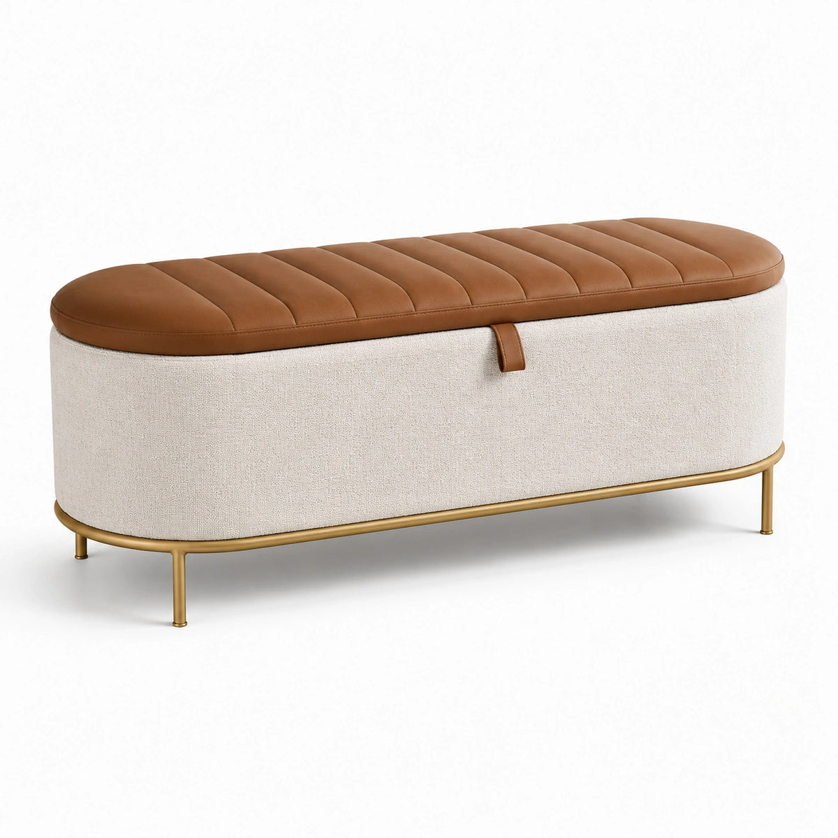 Banc coffre de rangement 120 x 42 x 45 cm en tissu bouclé crème, cuir synthétique marron et métal doré