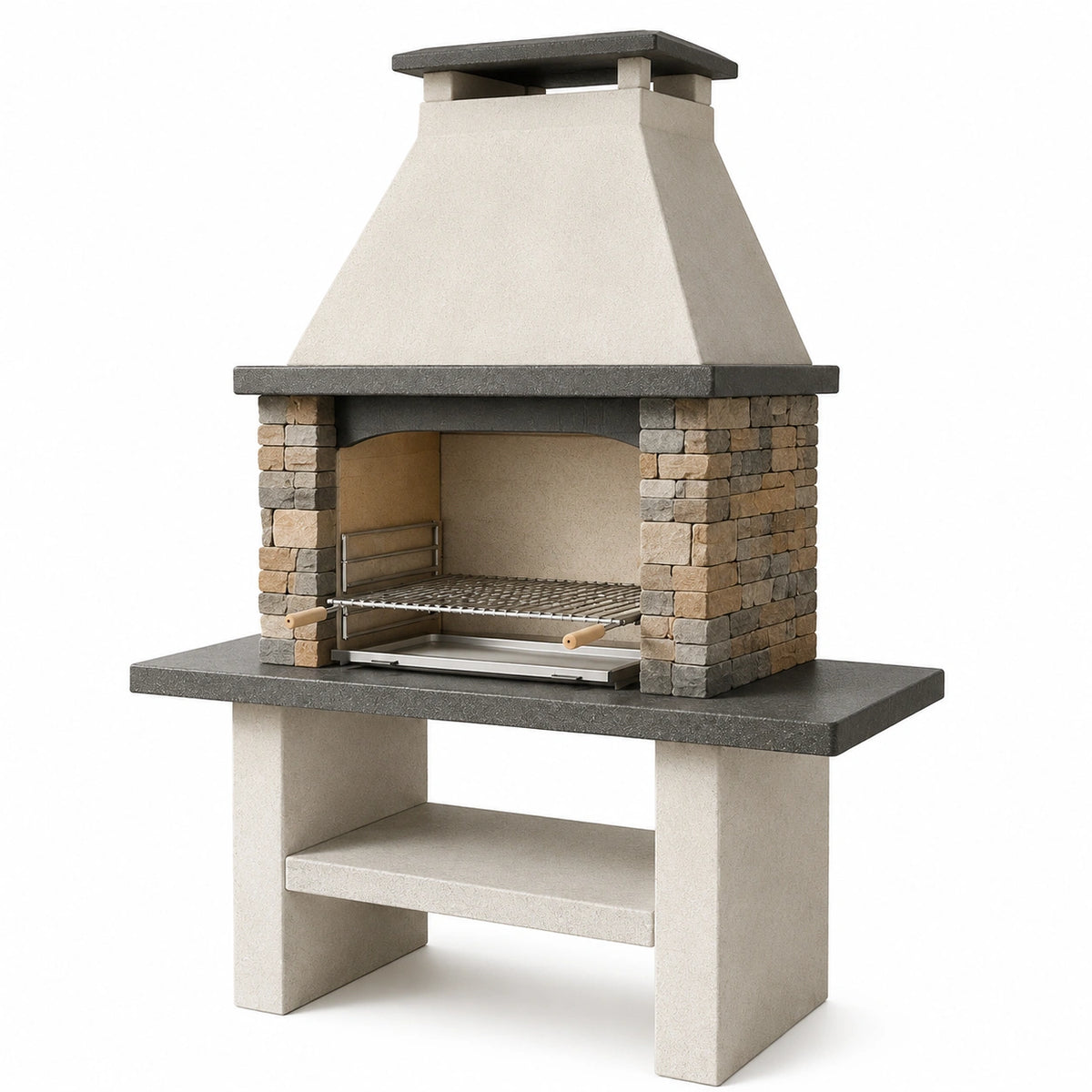 Barbecue fixe d'extérieur en béton et pierre beige, gris et marron, 120 x 65 x 210 cm, avec hotte et grille réglable