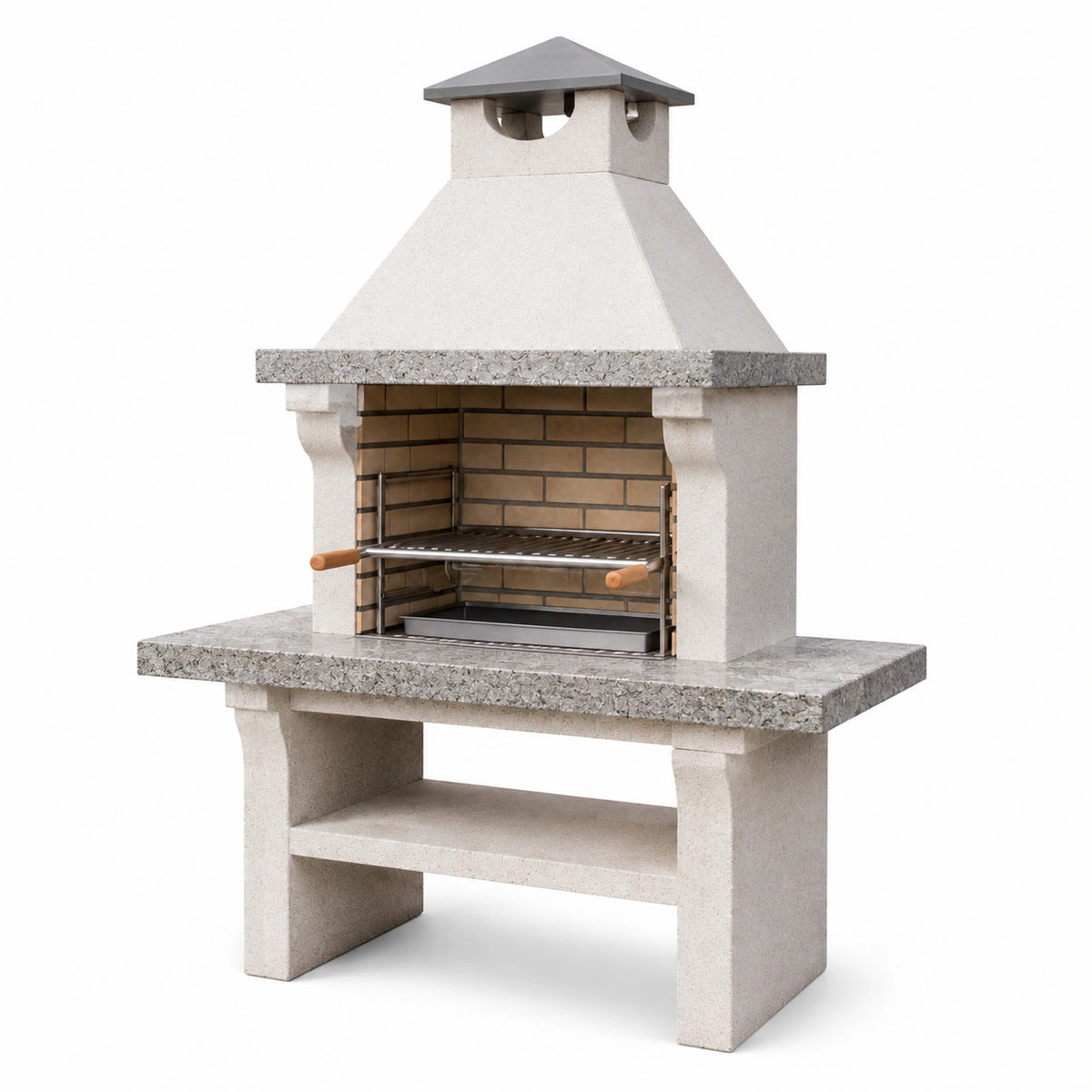 Barbecue fixe de jardin en béton beige avec hotte et grille réglable, 110 x 65 x 190 cm