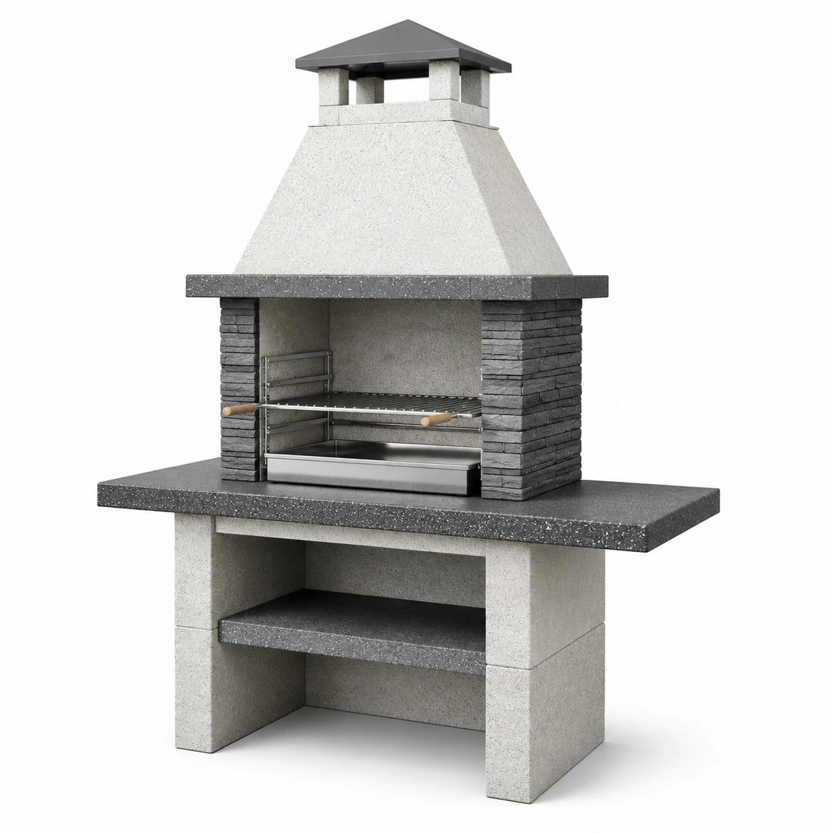Barbecue fixe de jardin avec cheminée, 110 x 65 x 210 cm, blanc, gris et argenté