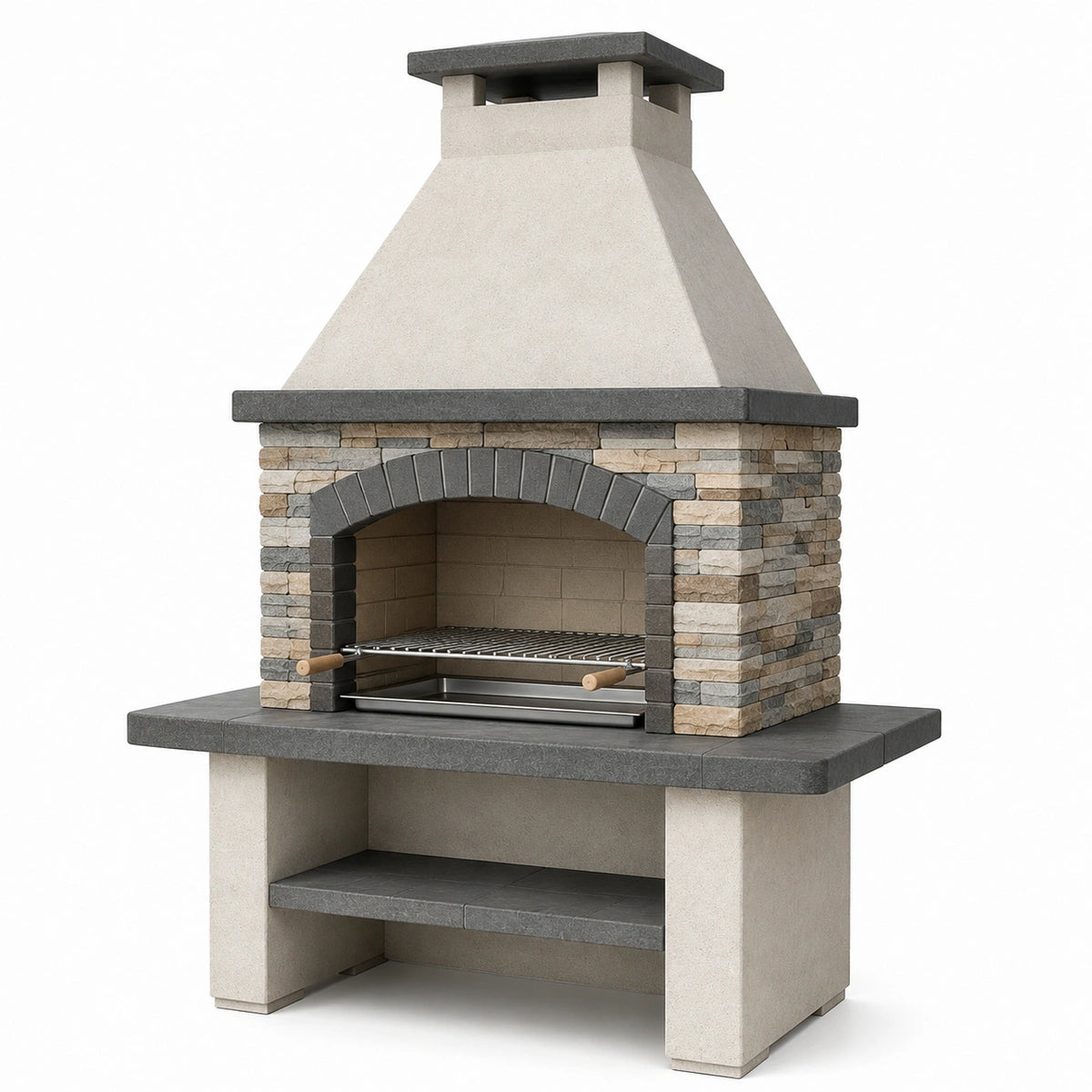 Barbecue de jardin en béton beige, gris et marron avec hotte et grille réglable, 120 x 70 x 210 cm