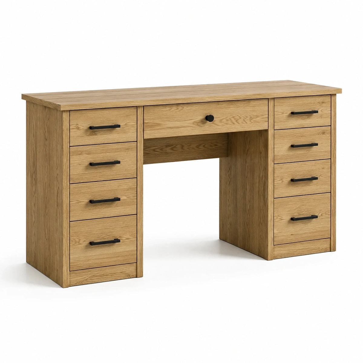 Bureau à 9 tiroirs effet chêne naturel avec poignées noires, 140 x 50 x 76 cm
