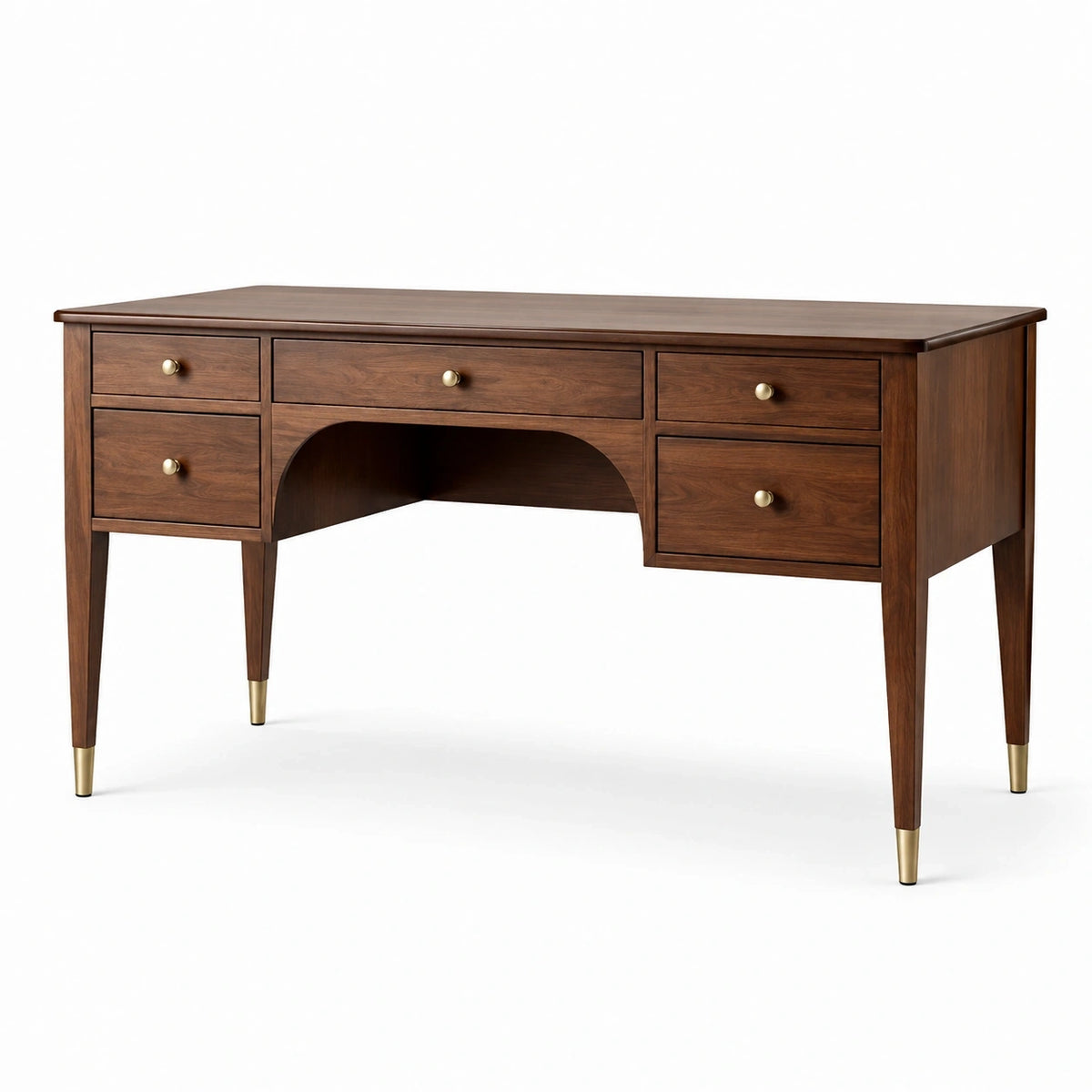 Bureau en bois marron et doré à 5 tiroirs, 140 x 60 x 76 cm