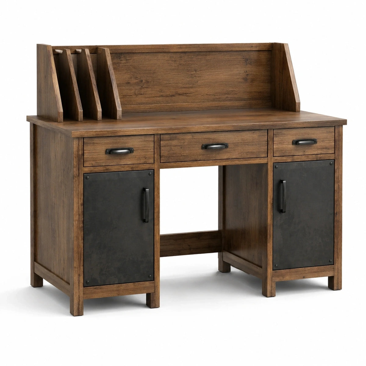 Bureau industriel brun et noir avec 3 tiroirs, 2 portes et séparateurs, 120 x 55 x 105 cm