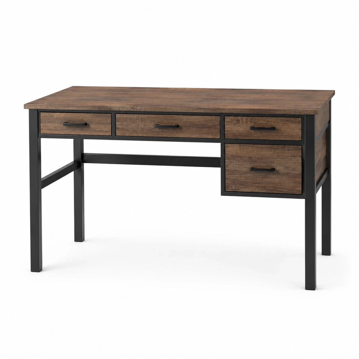 Bureau avec 4 tiroirs, effet bois marron et métal noir, 120 x 50 x 76 cm